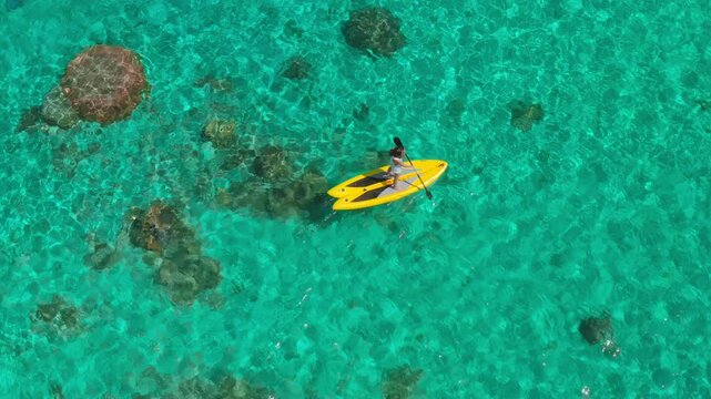 Woman gracefully gliding on a stand up paddle board in turquoise waters, exploring coral reefs from above. Perfect backdrop for a healthy, active summer vacation in the caribbean