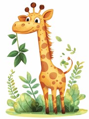 Naklejka premium Cute Cartoon Giraffe Eating Leaves.