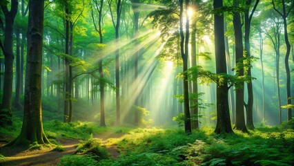 Obraz premium Vibrant green forest background with dense foliage, misty atmosphere, and dappled sunlight filtering through towering trees, creating a serene and peaceful natural ambiance.