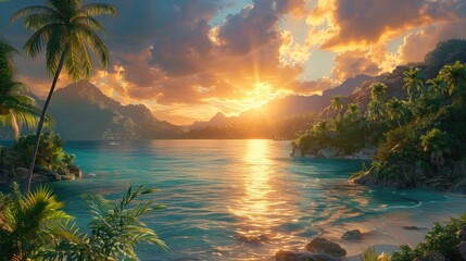 Tropical Paradise: Stunning Island Panorama Illustration with Crystal Clear Waters and Lush Greenery - Perfect for Travel Brochures and Wall Art.