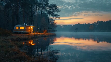 Lakeside Camping Adventure: Camper Settles In for a Serene Night by the Water's Edge