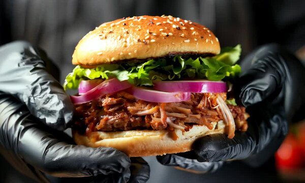 Savory pulled pork sandwich crafted by a chef in a bustling kitchen at sunset