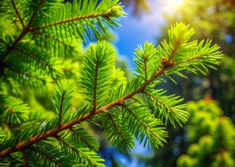 Vibrant green spruce branches stretch towards the sky, their delicate needles a gentle rustle, amidst a serene and peaceful summer forest backdrop.