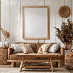 Mockup frame in farmhouse living room interior, 3d render
