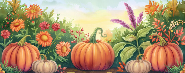 Rural garden at dusk, eerie pumpkins and spectral plants, Halloween flora, watercolor illustration