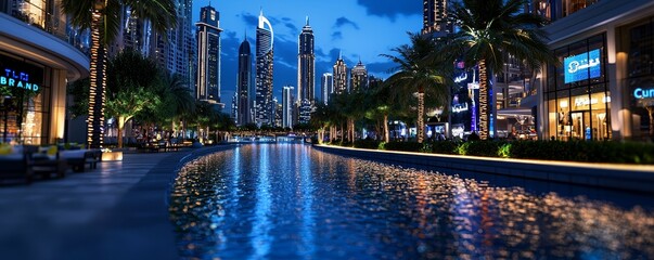 A 3D Dubai Mall with soft glowing lights on the right, representing the shopping and entertainment hub of the UAE.