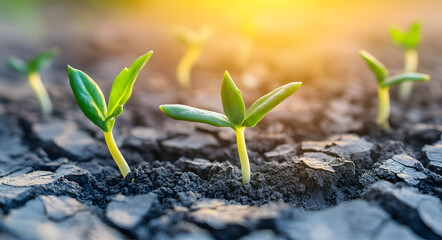 "A Close-Up of Small Green Plants Sprouting from Cracked Soil, Illustrating Nature's Resilience and Growth in Harsh Conditions, Capturing the Beauty of New Life Emerging"

