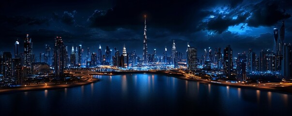 Naklejka premium A 3D Dubai skyscraper with soft lighting on the right, representing the urban development of the UAE.