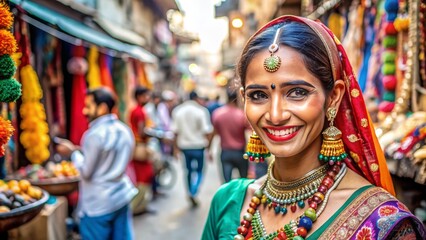 Obraz premium Vibrant Indian woman in traditional attire, adorned with colorful jewelry and a bindi, smiles warmly amidst a bustling street market scene in Old Delhi.