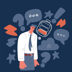 Cartoon vector illustration of Businessman with Low battery of energy. Tired from work and stress concept. Empowering ideas and teamwork
