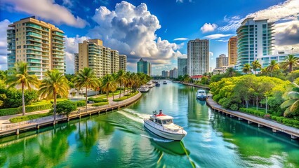 Naklejka premium Vibrant Miami Beach scenery featuring a small chartered boat navigating tranquil Indian Creek, flanked by luxurious condominiums and apartments rising from the scenic shoreline.