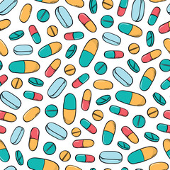 Pills, painkillers, vitamins doodles, cartoon elements seamelss pattern for textile prints, wallpaper, wrapping paper, backgrounds, banners, packaging, etc. EPS 10