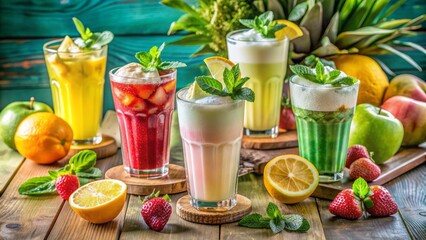 Vibrant multicolored summer drink setup on a cafe table featuring iced cocktails, milkshakes,...