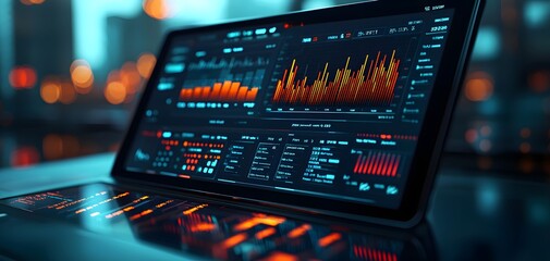 A close-up of a digital financial dashboard featuring vibrant graphs, charts, and data metrics, with a soft-focus background showcasing urban lights reflecting on a smooth surface.