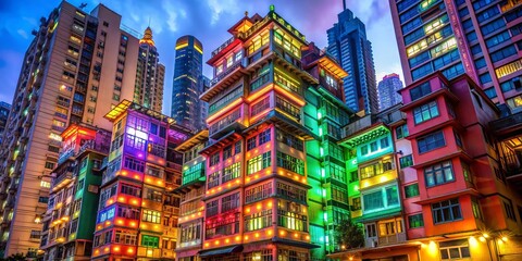 Obraz premium Vibrant neon lights illuminate the iconic Monster Building's colorful facade, a towering urban oasis in Hong Kong's bustling streets, as night falls.