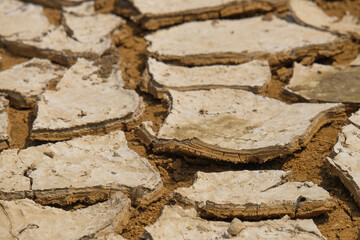 The surface of the dry and cracked soil layer is cracked with abstract shapes, patterns, textures. The land is dry because of the long dry season. Creates the impression of arid and barren land. This 