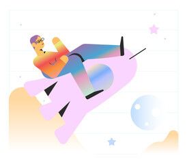 Man flying on a rocket in space