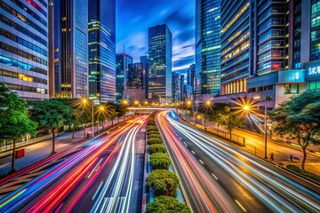 Fototapeta premium Vibrant nighttime cityscape illuminated by streaks of colorful light trails from moving vehicles, capturing the dynamic energy of urban life without any post-processing edits.