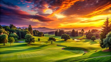 Vibrant orange and pink hues cast a serene glow on the lush green golf course, with gentle hills and trees silhouetted against a stunning sunset sky.