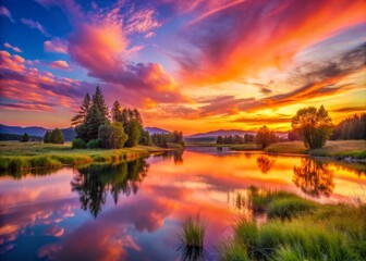 Obraz premium Vibrant orange and pink hues blend seamlessly in a serene sky, casting a warm glow on the tranquil landscape at dusk.