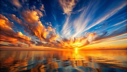 Vibrant orange sunset casts a warm glow on majestic, wispy clouds drifting across a serene, endless blue horizon, evoking feelings of tranquility and peace.