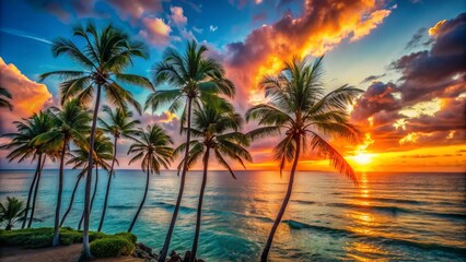 Obraz premium Vibrant orange sunset casts a warm glow on swaying palm trees silhouetted against a serene turquoise ocean, evoking a sense of peaceful tropical paradise.