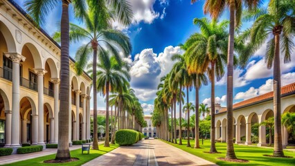 Obraz premium Vibrant palm trees surround historic buildings with columns and arches at a prestigious southeastern US university campus on a sunny day.