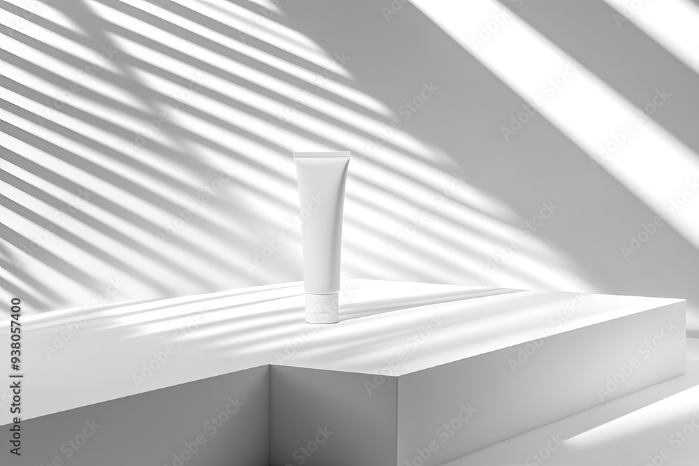 Poster a white tube stands alone on a simple, angular pedestal, illuminated by soft rays creating dynamic s