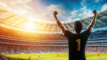 An athlete raises their arms in triumph as the sun sets over a vibrant stadium filled with cheering fans