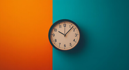 "A Clock Against an Orange and Teal Background Symbolizing the Passage of Time, With a Modern Aesthetic and Vibrant Colors Representing Time Management and Artistic Expression"