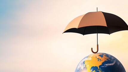 A large umbrella over a globe, symbolizing global life insurance and universal protection, life insurance umbrella, protection, coverage
