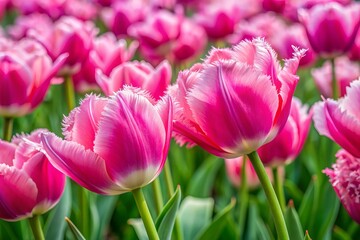 Fototapeta premium Vibrant pink tulips with delicate frilly petals sway gently in the breeze, filling the whimsical Tulip Flower Exhibition with a dazzling display of springtime beauty.
