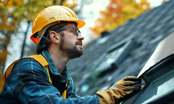 Skilled roofer working on a residential roof amidst autumn trees in the afternoon sun