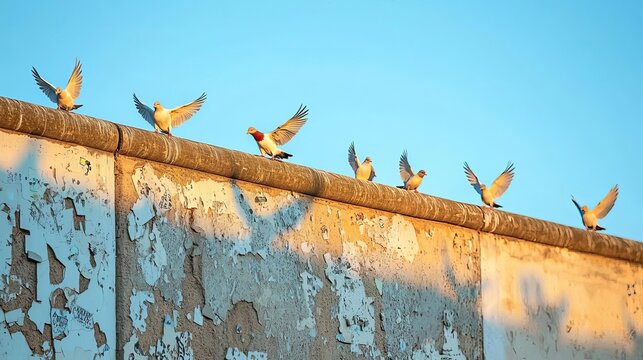 German Unity Day history Abstract representation of the Berlin Wall transforming into doves, symbolizing peace and reunification, Berlin Wall, German Unity Day, peace and unity