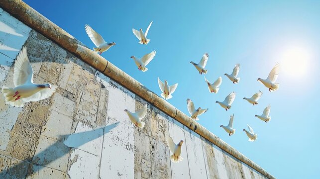 German Unity Day history Abstract representation of the Berlin Wall transforming into doves, symbolizing peace and reunification, Berlin Wall, German Unity Day, peace and unity