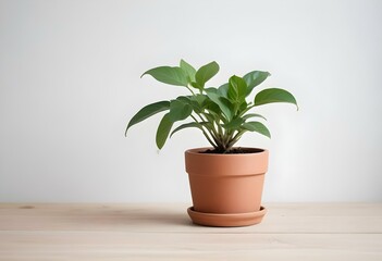 Obraz premium A small potted plant with green leaves on a wooden surface against a white wall.
