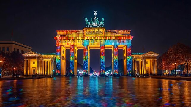 German Unity Day patriotism Illuminated German landmarks at night with unity-themed light shows, German landmarks, light show, unity celebration