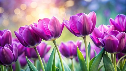 Fototapeta premium Vibrant purple tulips bloom against a soft, blurred background, their delicate petals and slender stems creating a stunning display of springtime beauty and elegance.