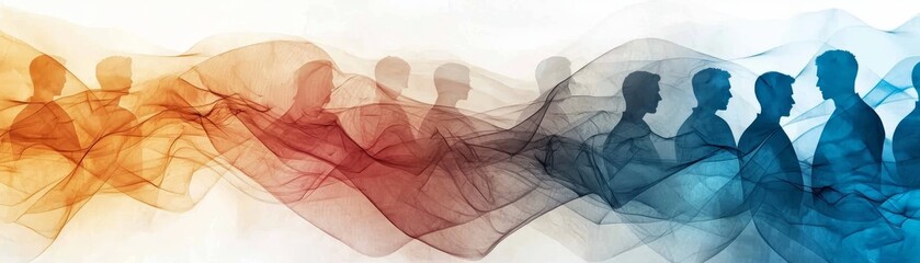 Silhouetted people with flowing abstract waves
