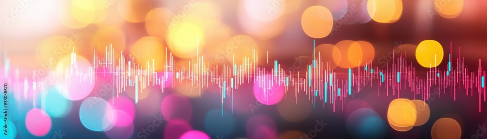Poster a vibrant abstract representation of audio waves with colorful bokeh lights in the background, perfe