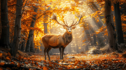 A noble stag standing in a clearing at the edge of a mystical forest, the trees towering like ancient guardians, the forest floor covered in a soft blanket of fallen leaves