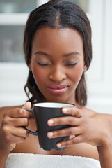 Black woman, smell coffee and relax in home for peace, calm or thinking of espresso for wellness....