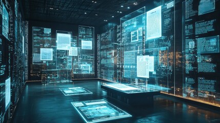 Futuristic archive room with floating digital paper documents behind glass displays