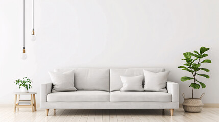 A minimalist living room featuring a white sofa, wooden floor, and green indoor plants, exuding a clean and serene aesthetic.