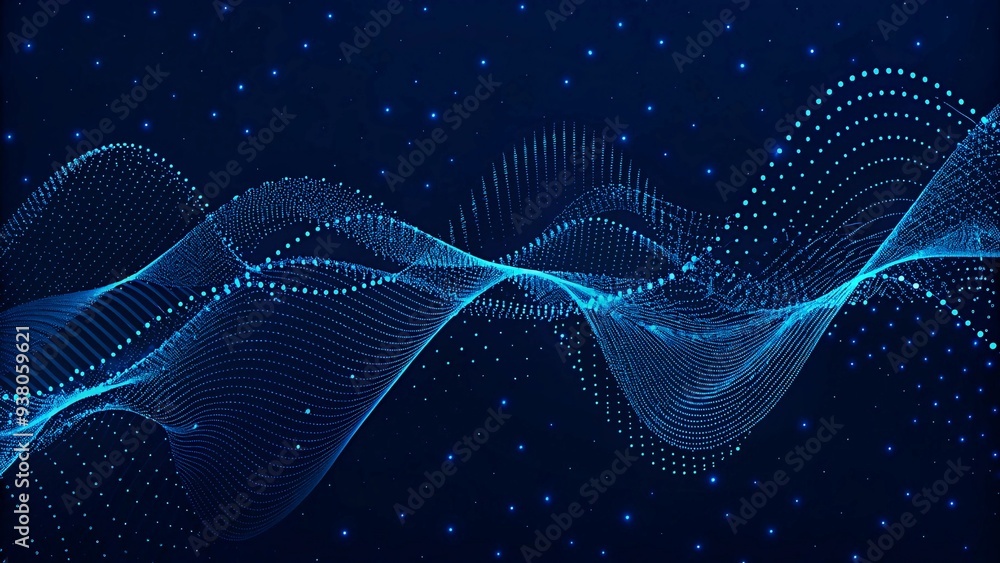 Poster abstract futuristic blue wave with moving dots. the flow of particles with glitch effect. ideal grap