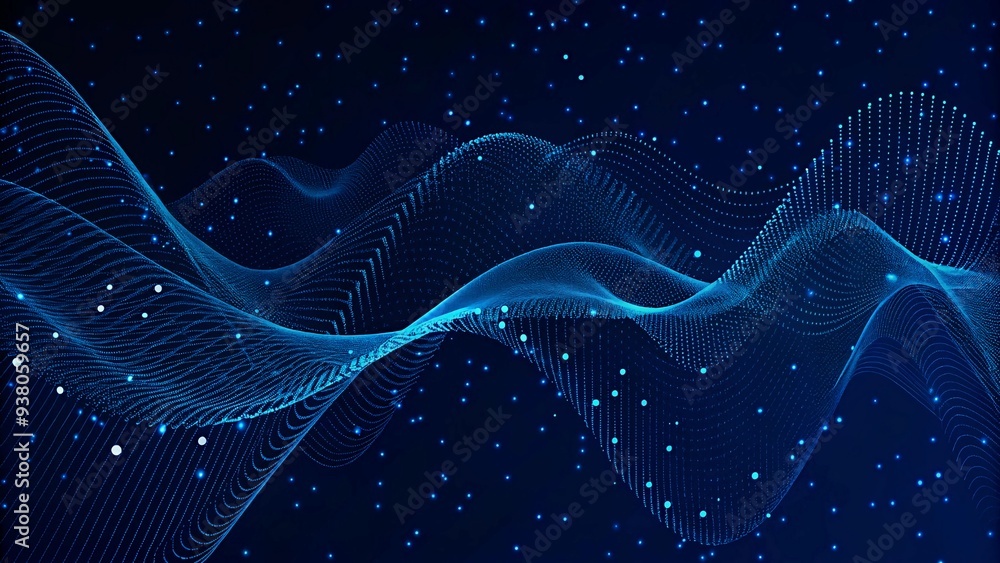 Poster abstract futuristic blue wave with moving dots. the flow of particles with glitch effect. ideal grap