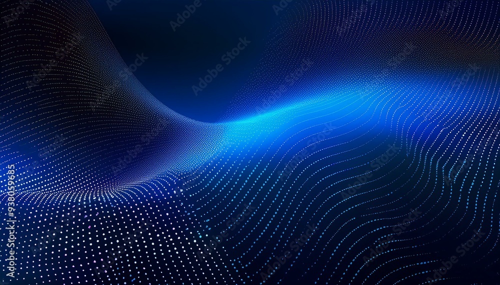 Poster abstract futuristic blue wave with moving dots. the flow of particles with glitch effect. ideal grap