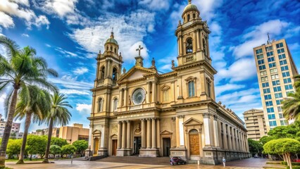 A Grand Roman Catholic Cathedral In Porto Alegre, Brazil, With Its Distinct Neoclassical Architecture And Twin Towers.