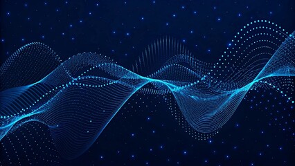 Abstract futuristic blue wave with moving dots. The flow of particles with glitch effect. Ideal graphics for brochures, flyers, business cards, and banners