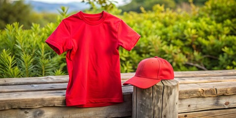 Vibrant red t-shirt and matching cap casually draped on a weathered wooden plinth, evoking a sense of relaxed, casual summer style against a natural backdrop.